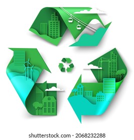 Recycle sign with eco friendly city elements, mountain nature, vector paper cut illustration. Sustainable urban lifestyle with alternative energy, green parks. Waste reuse and recycling symbol, label.