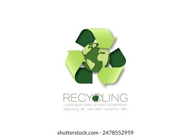 Recycle sign with Eco friendly Earth Globe. Paper art style. Sustainable concept of Green energy. ecology and environment. Vector Illustration.