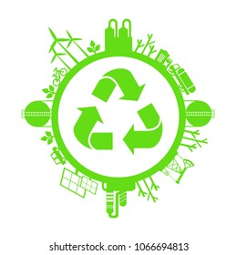 Conceito de ecologia de sinais de reciclagem. Ilustração de desenho animado de vetor plano. Objetos isolados em um fundo branco. Cartaz do Dia Mundial do Meio Ambiente.