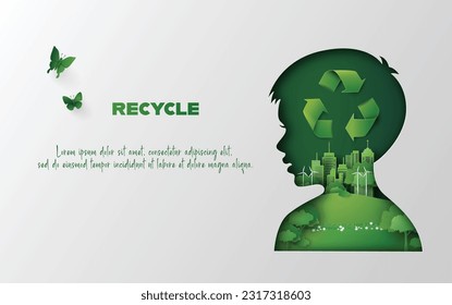 Recycle sign with green city ,Eco friendly waste reuse and environment in side boy face shadow,vector illustration in paper art style. 