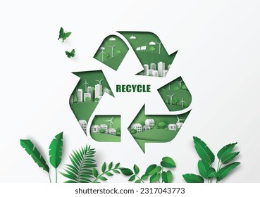 Recycle sign with green city inside,Eco friendly waste reuse and environment,vector illustration in paper art style. 