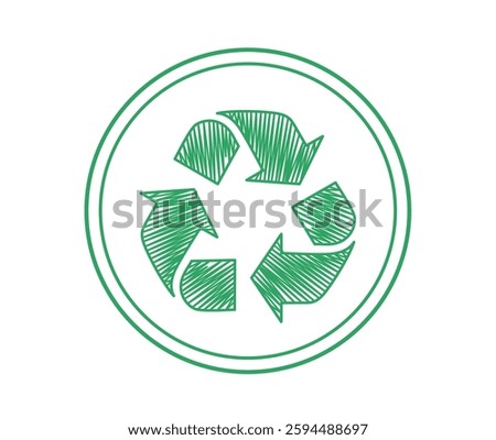 Recycle sign icon clipart. Recycling ecological symbol clip art in green circle signboard with hand drawn arrow cycle logotype graphic design vector illustration. 