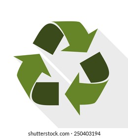 Recycle sign with long shadow on white background