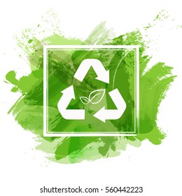 Recycle sign on green watercolor paint background for environment saving concept, Vector illustration