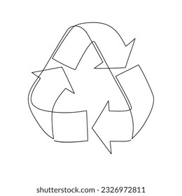 Recycle sign - one line continuous drawing style. Recycling icon - vector single line illustration for recycle bin. Ecology symbol isolated on white background. Reduce, reuse, recycle concept.