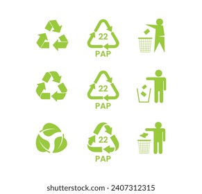 Signo de reciclado o ilustración del vector de signos de empaquetado, símbolo internacional utilizado en el embalaje para recordar a la gente que lo deseche en una papelera en lugar de ensuciarlo, el símbolo universal de reciclado aislado.