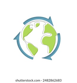 Recycle sign. Paper art style. Sustainable concept of Green energy, ecology and environment. Vector Illustration.