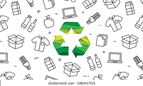 Recycle sign paper cut style with recyclable products vector illustration. Recyclable things: clothes, lamp, cardboard box, electronics, bottles, food, paper, etc.