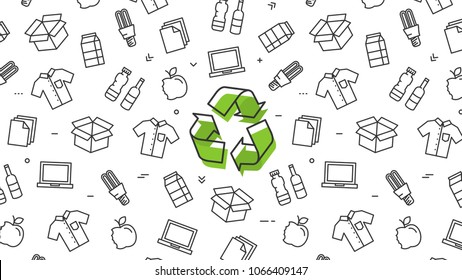 Recycle sign with recyclable products vector illustration. Recyclable things: clothes, lamp, cardboard box, electronics, bottles, food, paper, etc.