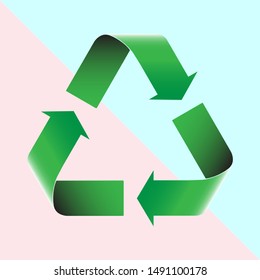 Recycle sign and recycling outline on pink and mint color backgroud as wallpaper. Symbol of recycle green concept, save enviroment vector illustration.
