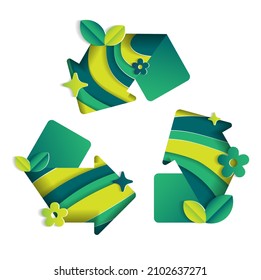 Recycle Sign Recycling Symbol Abstract Paper Lively Flower Leaf Sparkle Green Mountain Geography Contour Map 3D Layer Line Cutout Card Web Banner