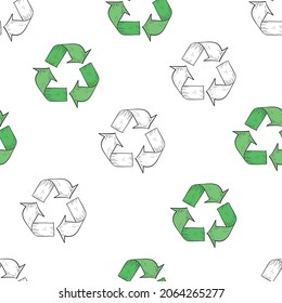 Recycle Sign and Renewable Icon Vector Seamless Pattern Hand Drawn Retro Style Recycling Concept Pattern Background Can be used as Wallpaper Card or Banner Template. Eco Friendly and Reusable Products