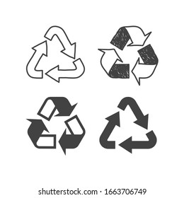 Recycle sign and symbol abstract flat design vector icon set. Hand drawn recycling packaging logo collection.