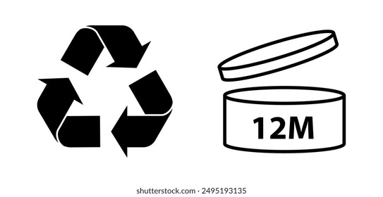 Recycle sign vector illustration, Set of packaging products symbols, packaging labels, information icons of recycling, Recycle icon, 12 months, estimated sign, 22 pap sign, packing sign isolated, 12M.