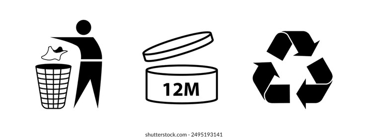 Recycle sign vector illustration, Set of packaging products symbols, packaging labels, information icons of recycling, Recycle icon, 12 months, estimated sign, 22 pap sign, packing sign isolated, 12M.