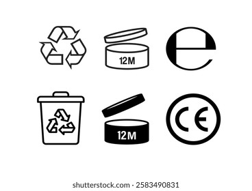 Recycle sign vector illustration, Set of packaging products symbols, packaging labels, information icons of recycling, Recycle icon, 12 months, estimated sign, 22 pap sign, packing sign isolated, 12M.