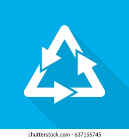 Recycle sign. Vector illustration. White recycle symbol with long shadow on blue background.