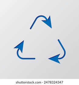 Recycle simple icon vector. Flat design. Paper cut design. Cutted blue symbol with shadow. Gray background.ai