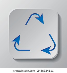 Recycle simple icon vector. Flat design. Paper cut design. Cutted blue symbol with shadow. Gray badge button, gray background.ai