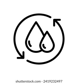 Recycle simple symbol. Water Drop with 2 Sync and Circular Arrows. Renew of Liquid. Recycle or Reuse Water Linear Icon. Save world sign. Vector illustration.