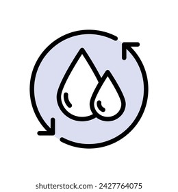 Einfaches Symbol wiederverwenden. Wassertropfen mit 2 Sync- und Kreispfeilen. Erneuern von Liquid. Wasserfarbensymbol wiederverwenden oder wiederverwenden. Schild "Rettet die Welt". Vektorgrafik.