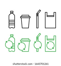 Recycle single use plastic icons set. Bottle, cup, straws, bag, food package, fork and spoon. Simple design. Line vector. Isolate on white background.
