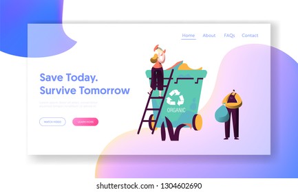 Recycle Sort Organic Garbage Landing Page. Woman Throw Away Food to Dustbin Container for Separation to Reduce Environment Pollution. Reuse Garbage Website Web Page. Flat Cartoon Vector Illustration