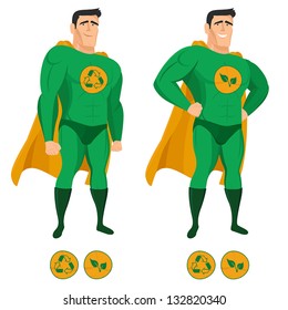 Recycle superhero in green uniform with a cape. No transparency, no gradient mesh.