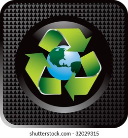 recycle symbol around earth on black halftone web button