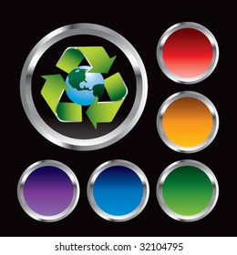 recycle symbol around earth on round colored web buttons