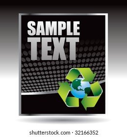 recycle symbol around earth on black halftone banner