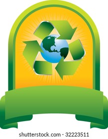 recycle symbol around earth on green display