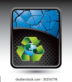 recycle symbol around globe on blue cracked banner
