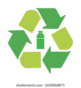 Recycle symbol with arrows and plastic bottle inside icon. Reusing recycling, reuse and reduce plastic label badge for print on packaging of the products. Eco conscious branding initiatives. Vector. 
