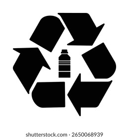 Recycle symbol with arrows and plastic bottle inside icon. Reusing recycling, reuse and reduce plastic label badge for print on packaging of the products. Eco conscious branding initiatives. Vector. 