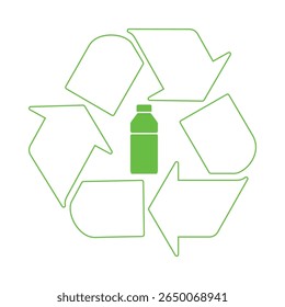 Recycle symbol with arrows and plastic bottle inside icon. Reusing recycling, reuse and reduce plastic label badge for print on packaging of the products. Eco conscious branding initiatives. Vector. 