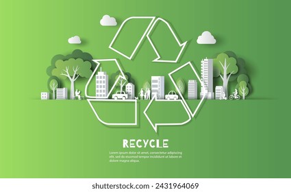 Recycle Symbol with city and green leaves, save the planet and energy concept, paper illustration, and 3d paper.