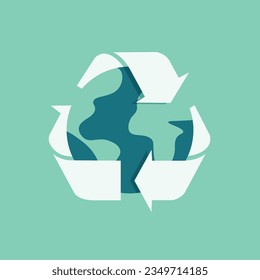 Recycle symbol with Earth. Environmental protection and ecology concept. Collecting plastic trash and recycling waste. Vector illustration sticker.