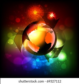 Recycle Symbol with Earth on abstract background. Vector illustration.