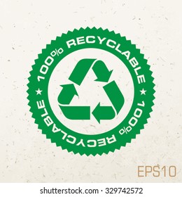 Recycle symbol or emblem on recycled paper background.