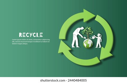 Recycle Symbol, father and daughter help water a tree that emerging from the earth, save the planet , paper illustration, and 3d paper.