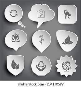 recycle symbol, flower shop, cat, abstract rose, leaf with berries, protection sea life, globe and shamoo. White vector buttons on gray.