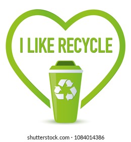 Recycle symbol with garbage bin inside a green heart