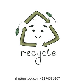 Wiederverwertung des Symbols mit grünen Pfeilen, lächelndem Gesicht, Blättern und Schriften. Doodle-Stil Vektorlogotype. Null Abfall, Umweltschutzkonzept.