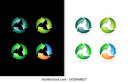 Recycle Symbol green and colourful in circle shape. Recycling set symbol vector. Eco green recycled symbol set vector illustration isolated on white and black background