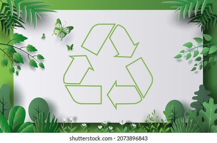 Recycle Symbol and green leaves, save the planet and energy concept, paper illustration, and 3d paper.