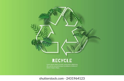 Recycle Symbol with green leaves, save the planet and energy concept, paper illustration, and 3d paper.