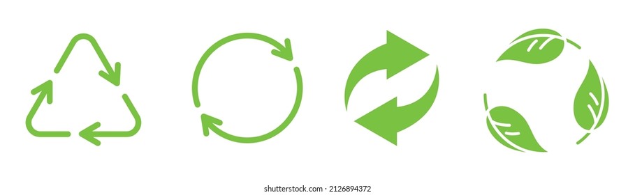 Recycle symbol in green. Recycling arrow. Eco symbol. Green leaf and arrow in circle. Recycle icon set. Leaf illustration. Stock vector illustration