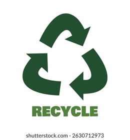 Símbolo de reciclaje con texto verde, icono ecológico plano para sostenibilidad, clasificación de residuos, estilo de vida ecológico y materiales de campaña de conservación ambiental
