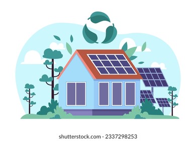Recycle symbol and house with solar panels vector illustration. Sustainable building with alternative energy sources, green trees and recycling symbol. Green living, ecology, sustainability concept